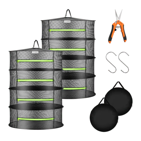 Vivosun 4-Layer Mesh Drying Rack Hanging Design with Green Zippers 2-Pack