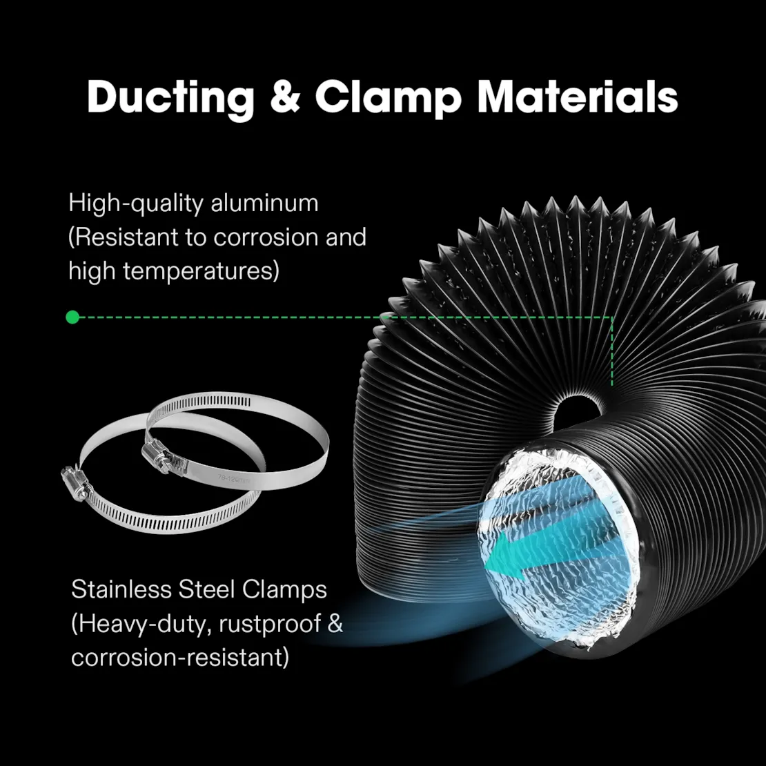Vivosun 6 Inch 8 Feet Black Non-Insulated Flex Air Aluminum Ducting, w/Two 6 Inch Stainless Steel Clamps - Image 4