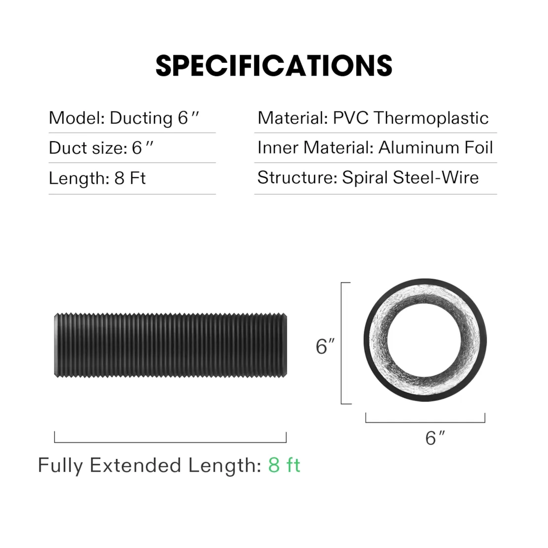 Vivosun 6 Inch 8 Feet Black Non-Insulated Flex Air Aluminum Ducting, w/Two 6 Inch Stainless Steel Clamps - Image 7