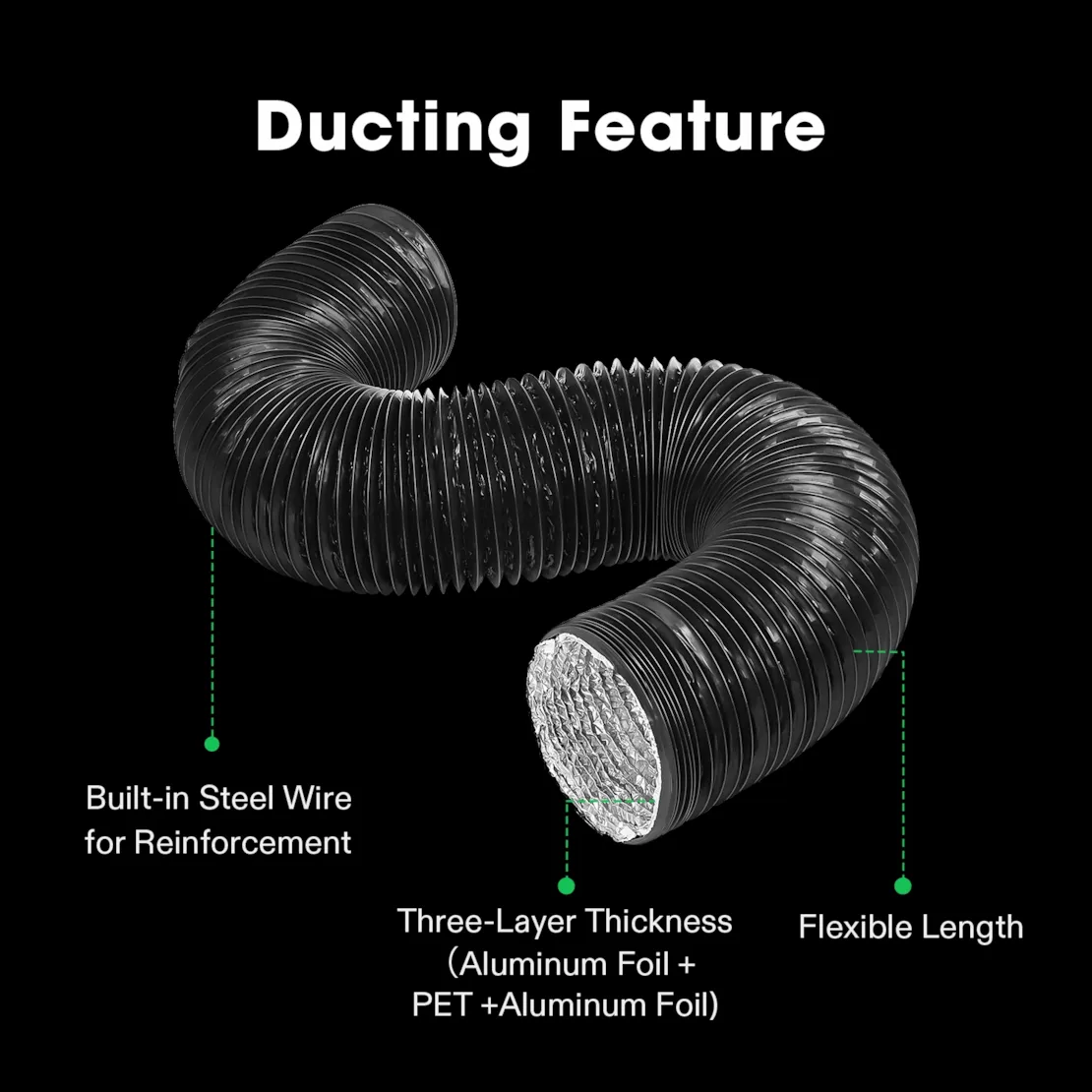 Vivosun 8 Inch 25 Feet Black Non-Insulated Flex Air Aluminum Ducting, w/Two 8 Inch Stainless Steel Clamps - Image 3