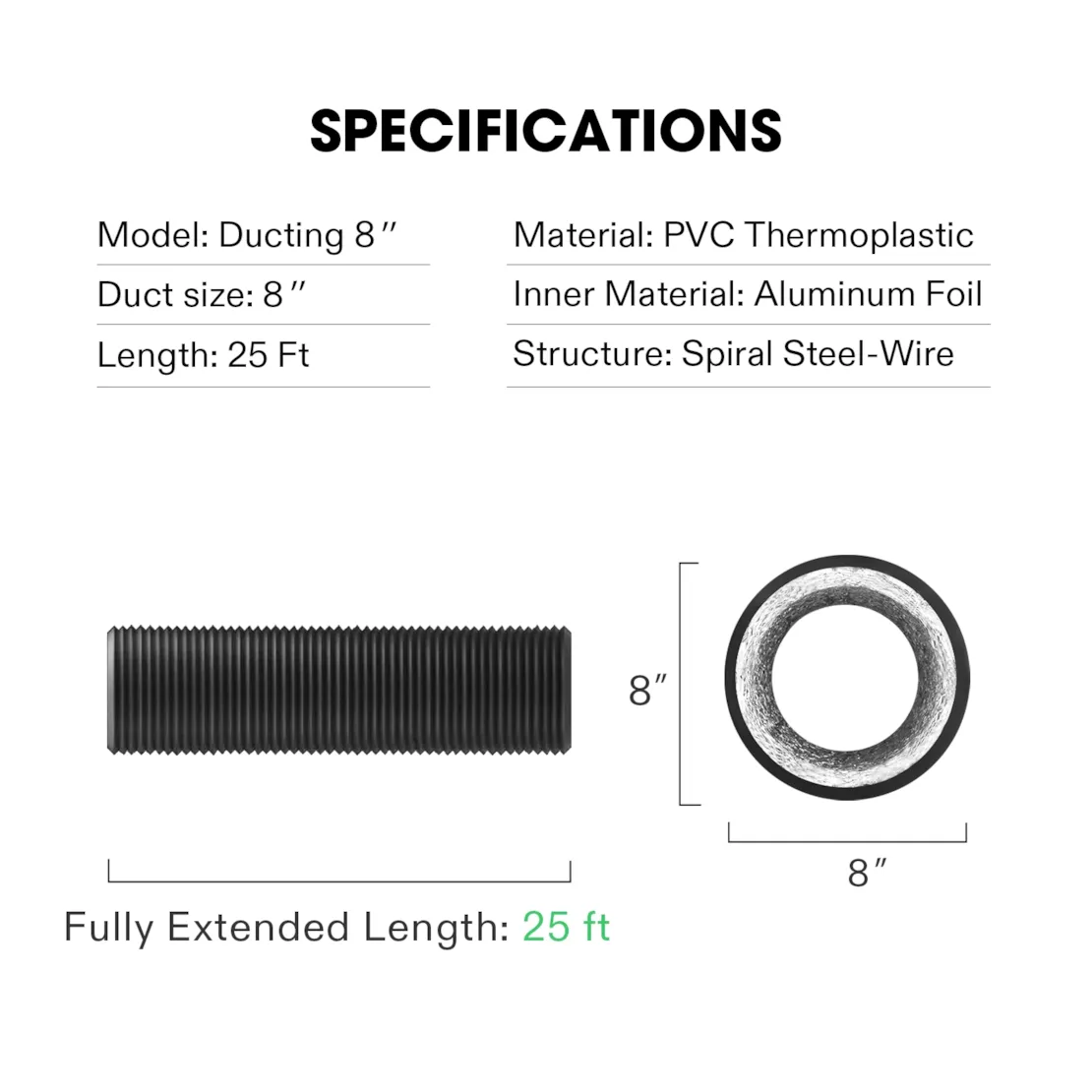 Vivosun 8 Inch 25 Feet Black Non-Insulated Flex Air Aluminum Ducting, w/Two 8 Inch Stainless Steel Clamps - Image 7