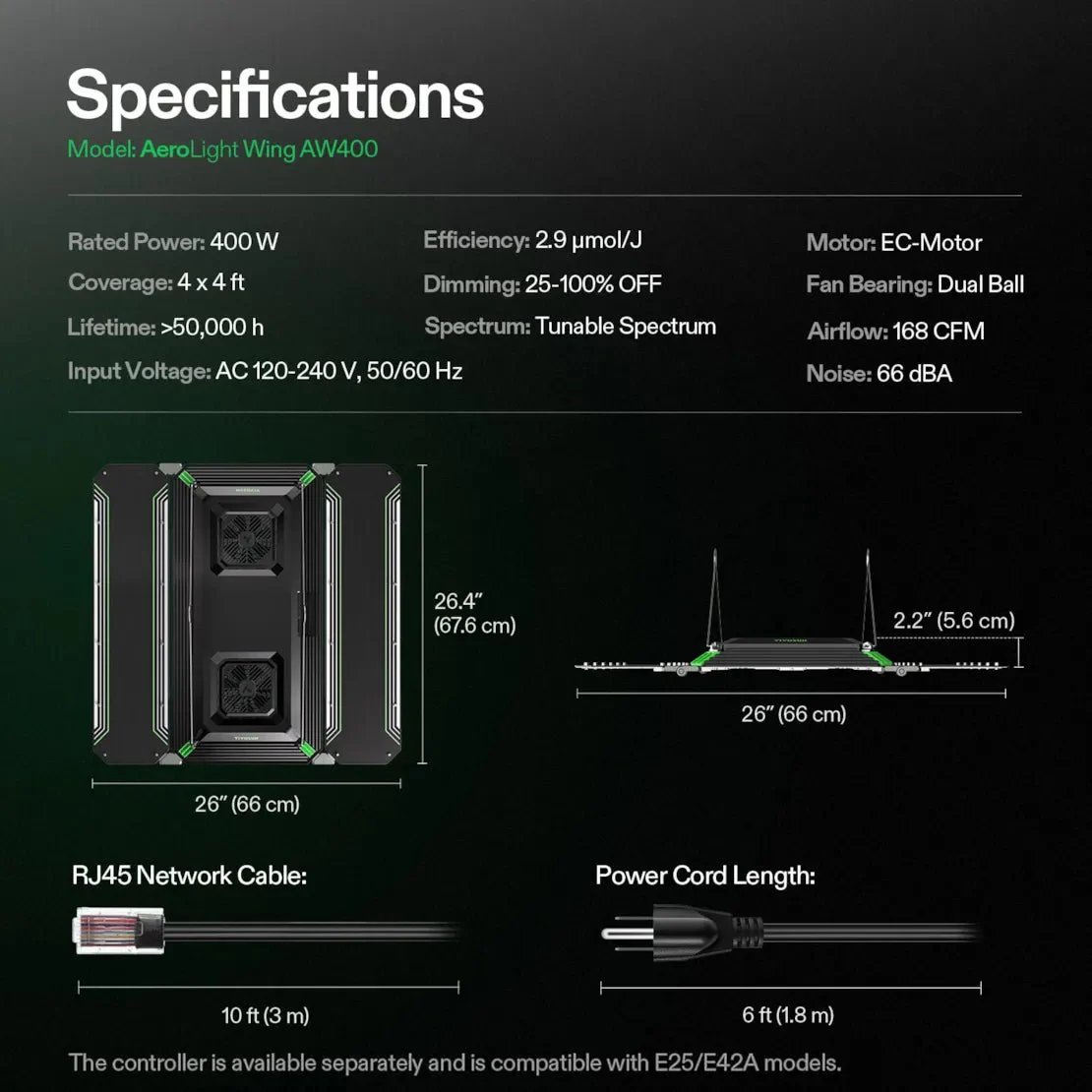 Vivosun AeroLight Wing AW400 Tunable Spectrum LED Grow Light 400W, with Integrated Circulation Fan, Compatible with APP, 4 x 4 Ft. Coverage - Image 8