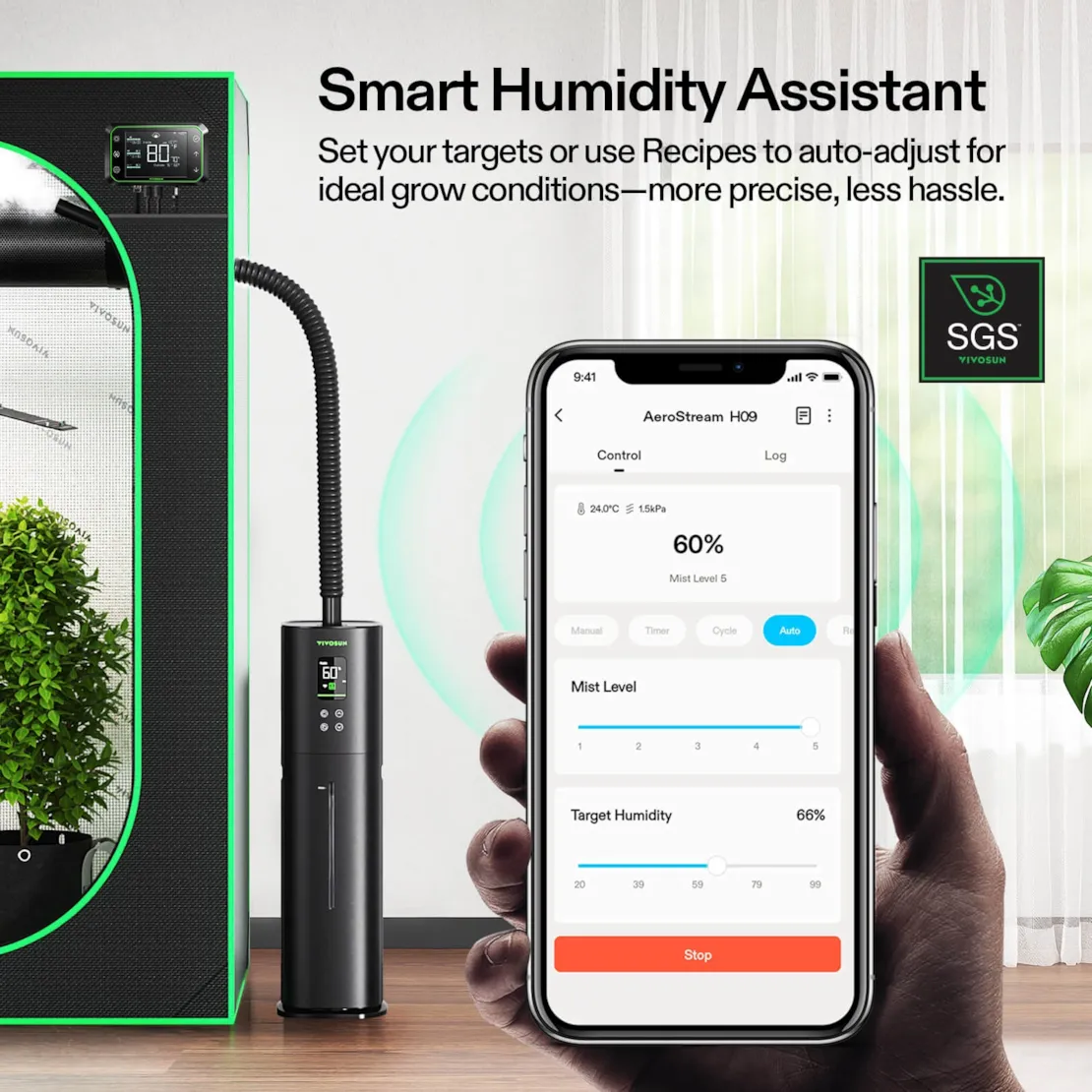 Vivosun AeroStream H09 Intelligent Wi-Fi Humidifier, 2.38 Gal / 9 L Humidifier with Temp & Humidity Probe, Smart Remote Control, Designed for Growers - Image 3