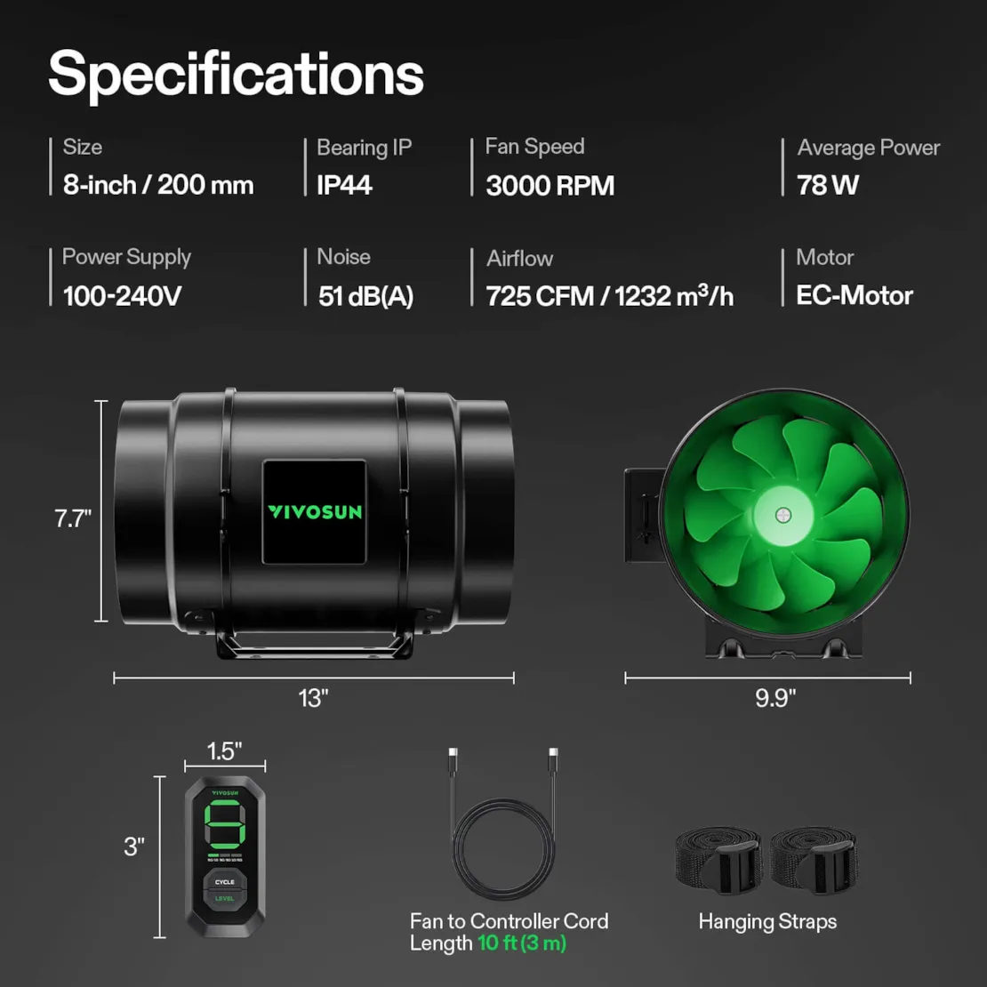Vivosun AeroZesh G8 Inline Fan 8" with E12 Speed Controller, PWM-Controlled EC Fan for Grow Tent Ventilation - Image 8