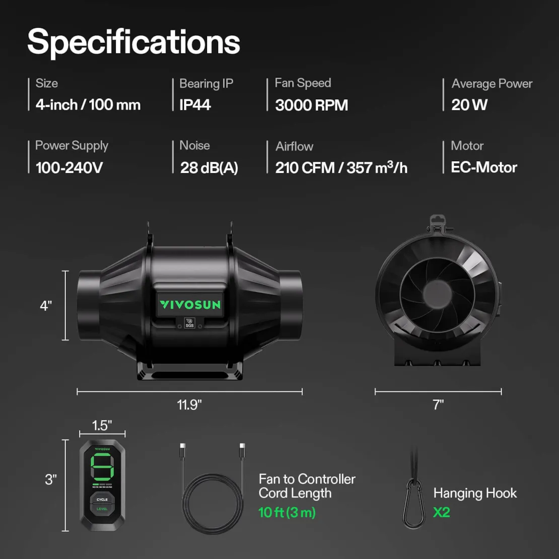 Vivosun AeroZesh T4 Inline Fan 4" with E12 Speed Controller, PWM-Controlled EC Fan for Grow Tent Ventilation - Image 8