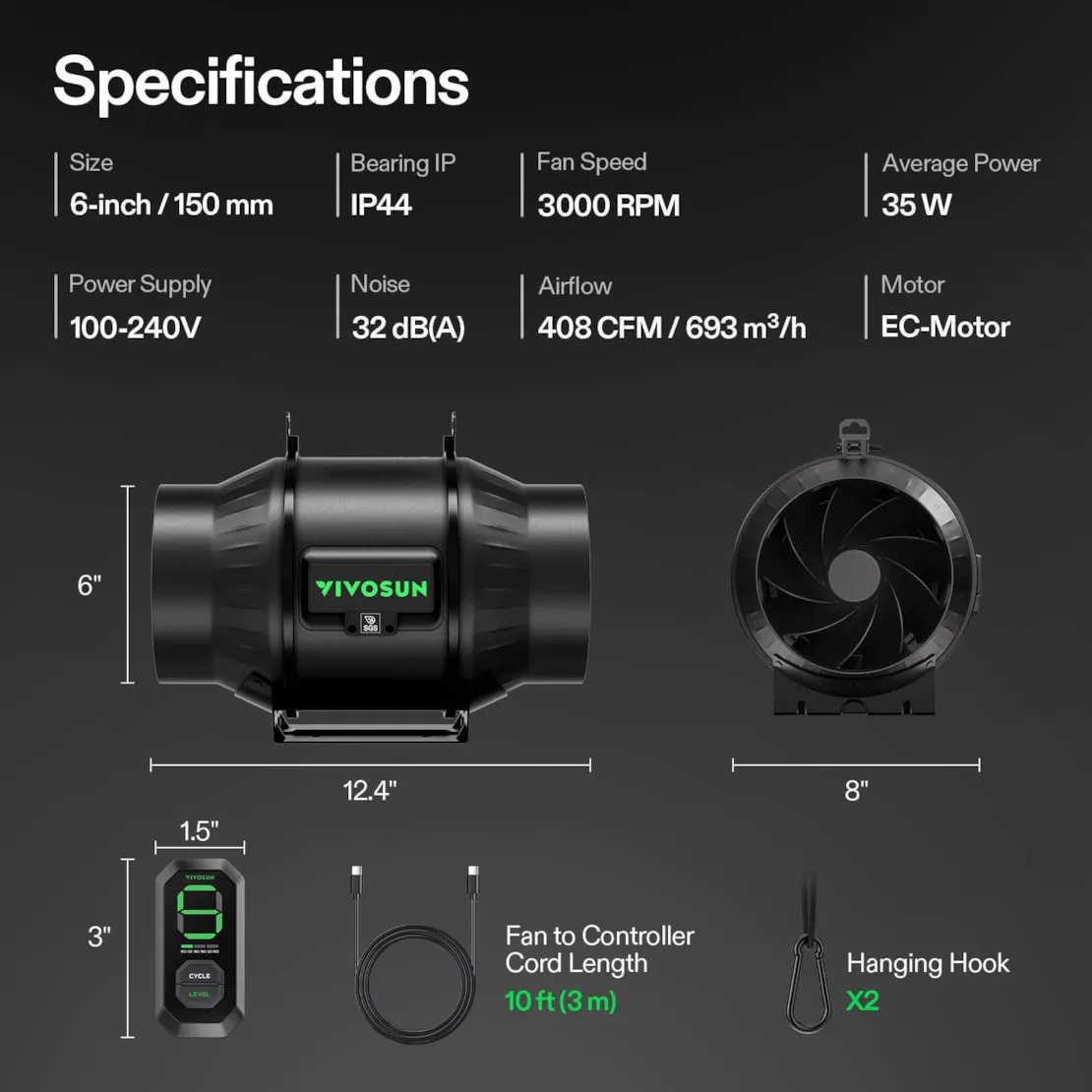 Vivosun AeroZesh T6 Inline Fan 6" with E12 Speed Controller, PWM-Controlled EC Fan for Grow Tent Ventilation - Image 8