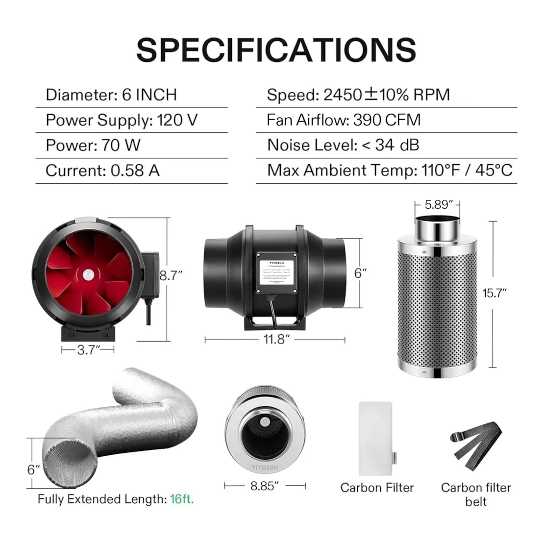 Vivosun Air Filtration Kit R6 6", Inline Fan R6 with Variable Speed Controller, Carbon Filter & Ducting Combo - Image 7