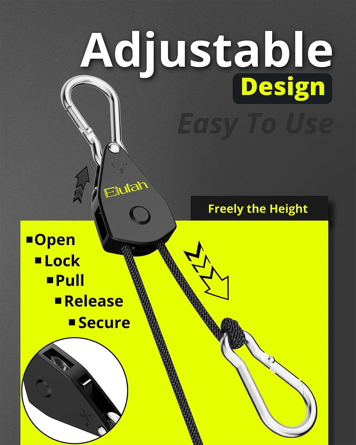 Elufah 4-Pack 1/8" Tie-Down Ratcheting, 10ft Adjustable Length Rope Hanger - Image 4