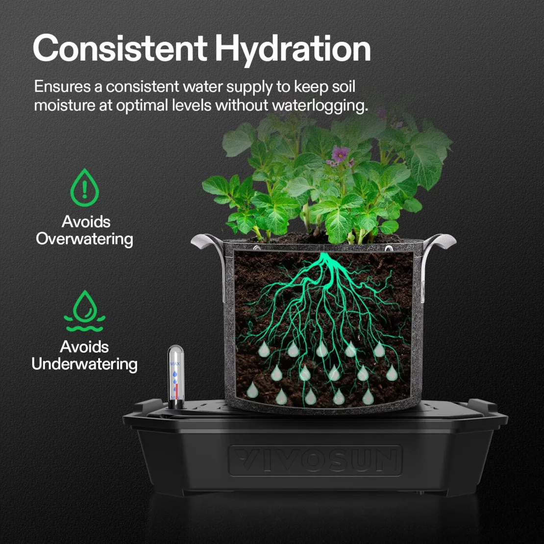 Vivosun FlexFeed Self-Watering Fabric Pot Base, Auto-Irrigation Water Delivery System with Reservoir Meter, 4-Pack - Image 3