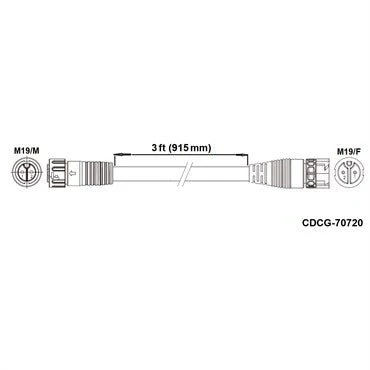 Fluence DC Extension Cable 3ft – M19 Push-Lock, 2-Pin Female to 2-Pin Male