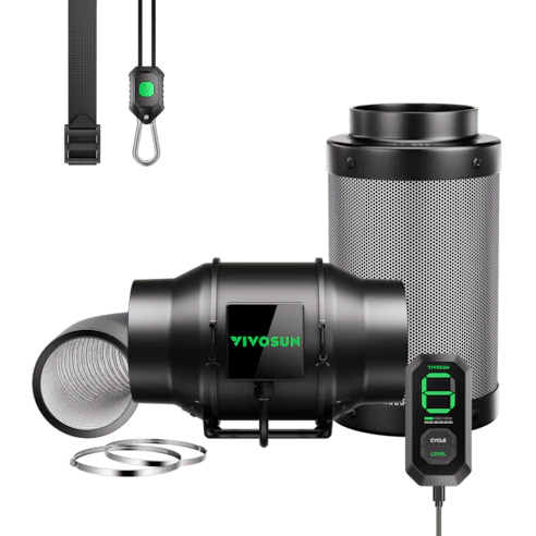 Vivosun Smart Air Filtration Kit 6”, AeroZesh G6 Inline Fan with E12 Speed Controller, Carbon Filter & Ducting Combo