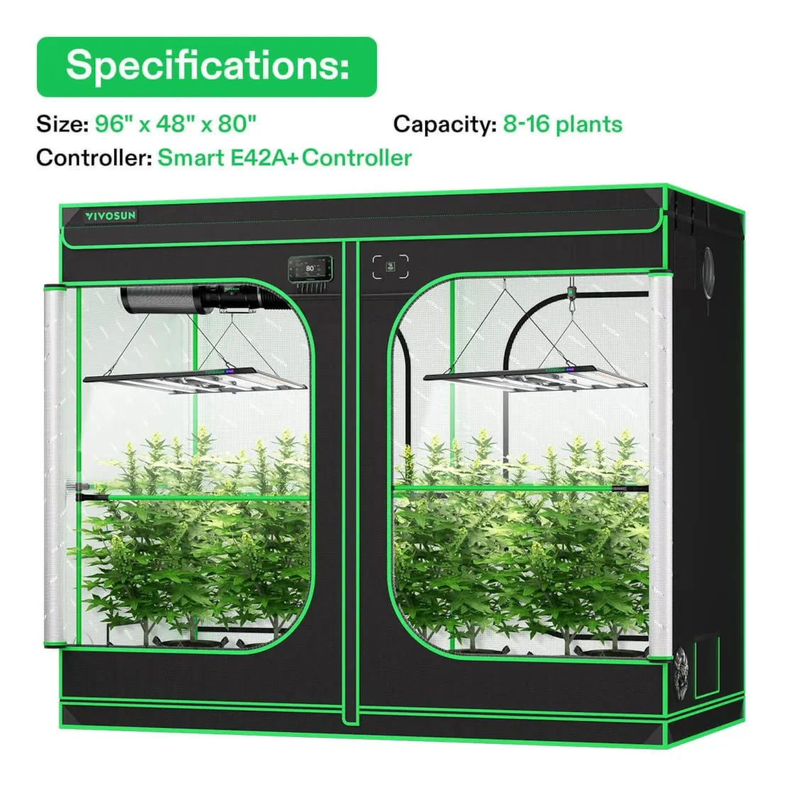 Vivosun Smart Grow Tent Kit Pro 4x8, 8-Plant Complete System, with WiFi E42A+ Controller, 2x 500W LumaLight LED Grow Light, and 8-inch AeroZesh T8 Ventilation Combo - Image 8