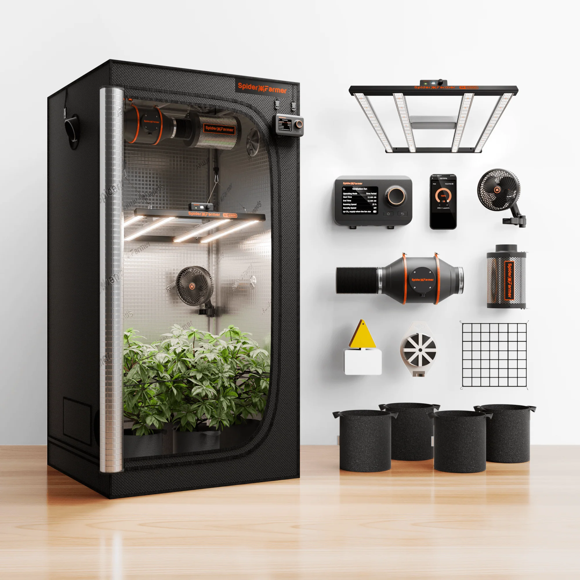 Spider Farmer 3×3′ Complete Grow Tent Kit丨G3000 WiFi & Bluetooth App-Controlled LED Grow Light丨6” Clip Fan丨4” Ventilation System with GGS Controller