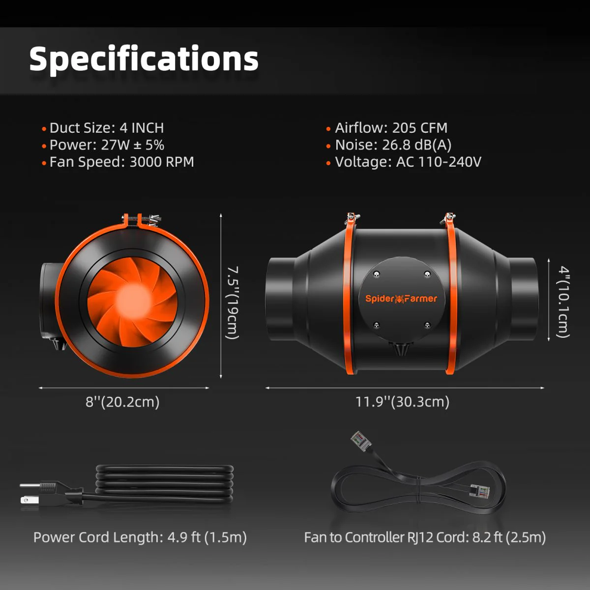 Spider Farmer 4″ Inch Inline Fan 205 CFM with Speed Controller RJ12 Port, Grow Tent Ventilation, GGS Controller Compatible - Image 4
