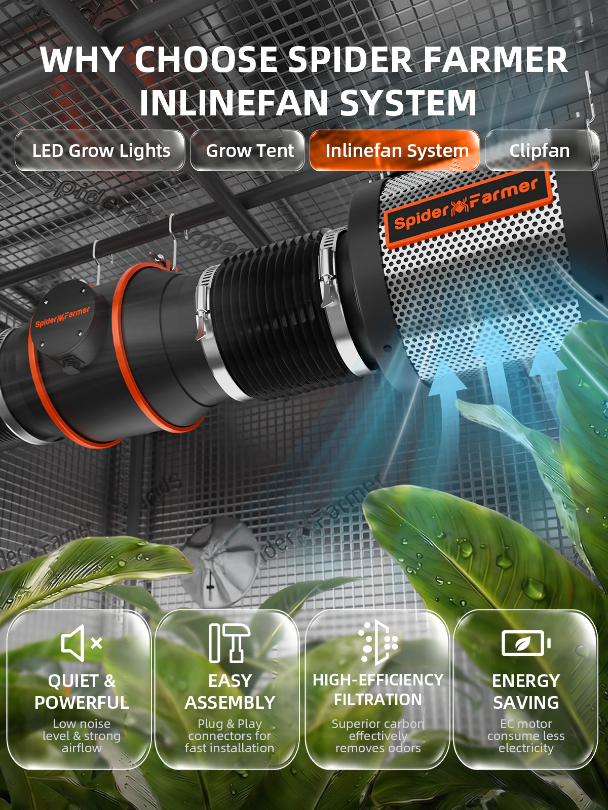 Spider Farmer 4‘x4‘x6.5‘Complete Grow Tent Kit丨SF4000 450W Full Spectrum LED Grow Light丨6” Ventilation System with Humidity and APP GGS Controller丨6” Clip Fan - Image 7