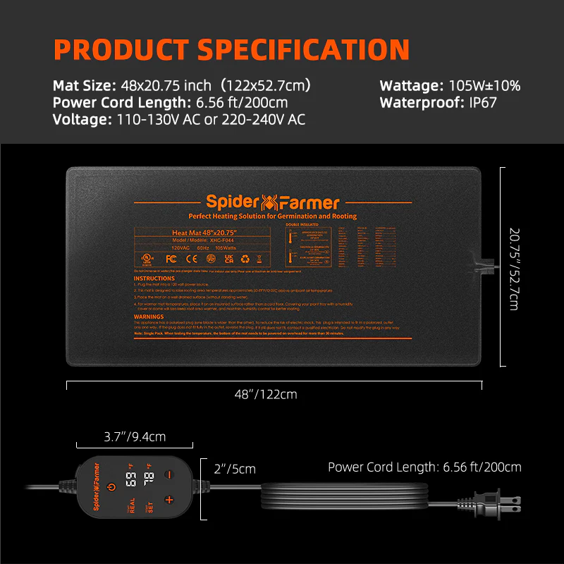 Spider Farmer® 48”X20.75” Seedling Heat Mat and Digital Thermostat for Seed Starting Propagation and Increase Germination - Image 4