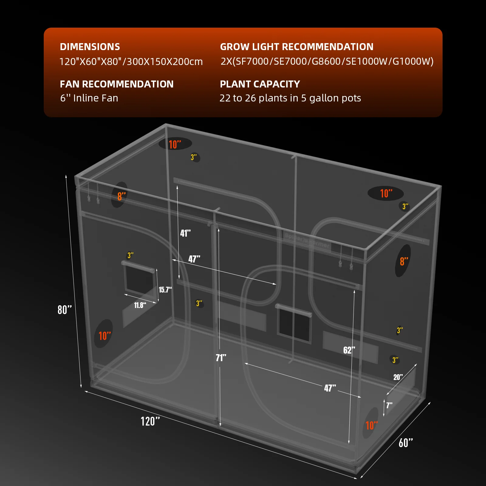 Spider Farmer 5’x10’x6.5′ 150cm x 300cm x 200cm Indoor Grow Tent - Image 8