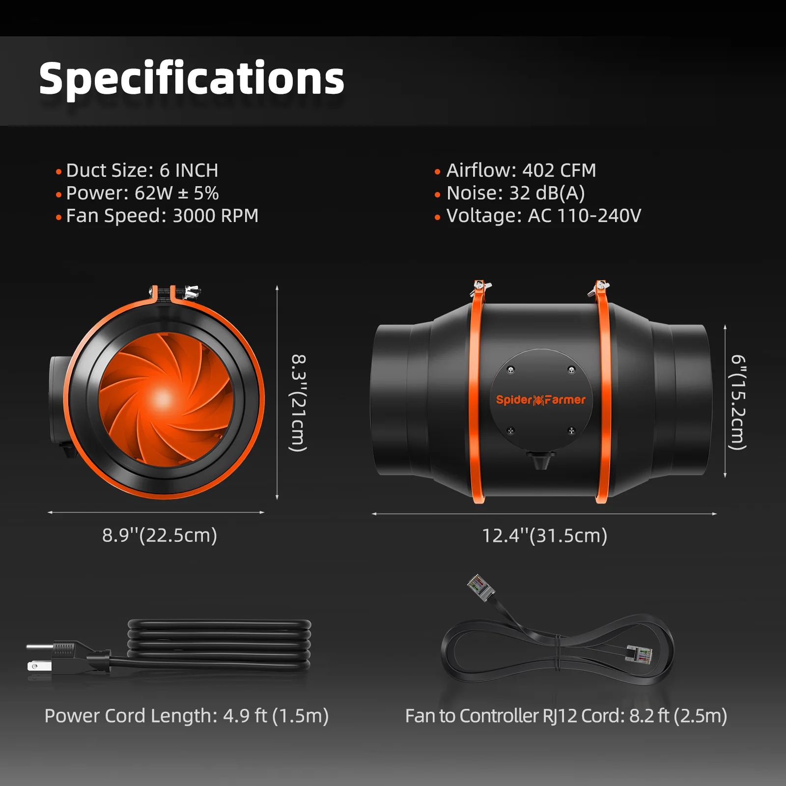 Spider Farmer 6″ Inline Fan with GGS Controller 402 CFM Ventilation System for Grow Tents - Image 2