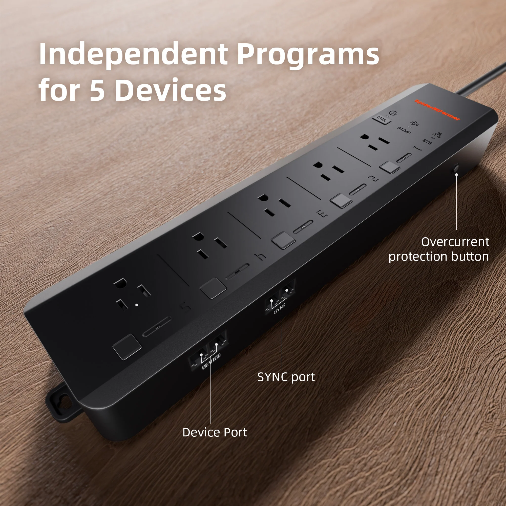 Spider Farmer GGS AC5 Power Strip with 5 Outlets for Grow Tent Climate Control, Featuring Temperature, Humidity, VPD Monitoring, Scheduling, Historical Data Tracking, Bluetooth & WiFi Connectivity - Image 2
